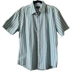 Jack Maverick Men's Slim Fit Blue Striped Short Sleeve Button Up Shirt Large NEW